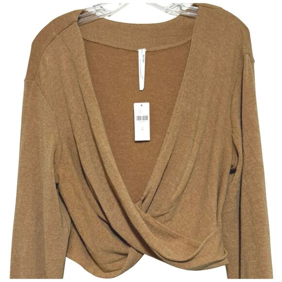 Anthropologie Tan Cropped Twist Front V-Neck Long Sleeves Sweater Size M - Picture 3 of 9